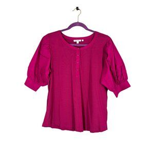 Chicos Ribbed Puff Sleeve Top L Pink Feminine Coquette Classic Chic Preppy Glam